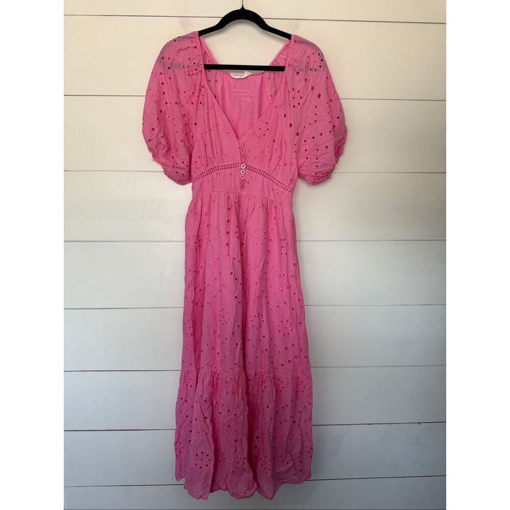 Goodnight Macaroon Women’s Medium Pink Puff Sleeve Maxi Dress Romantic